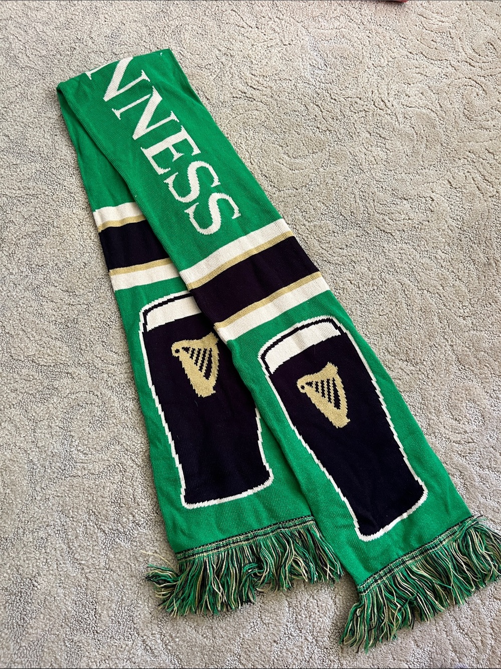Guinness Green Scarf with Black Pint and Gold Harp Accents